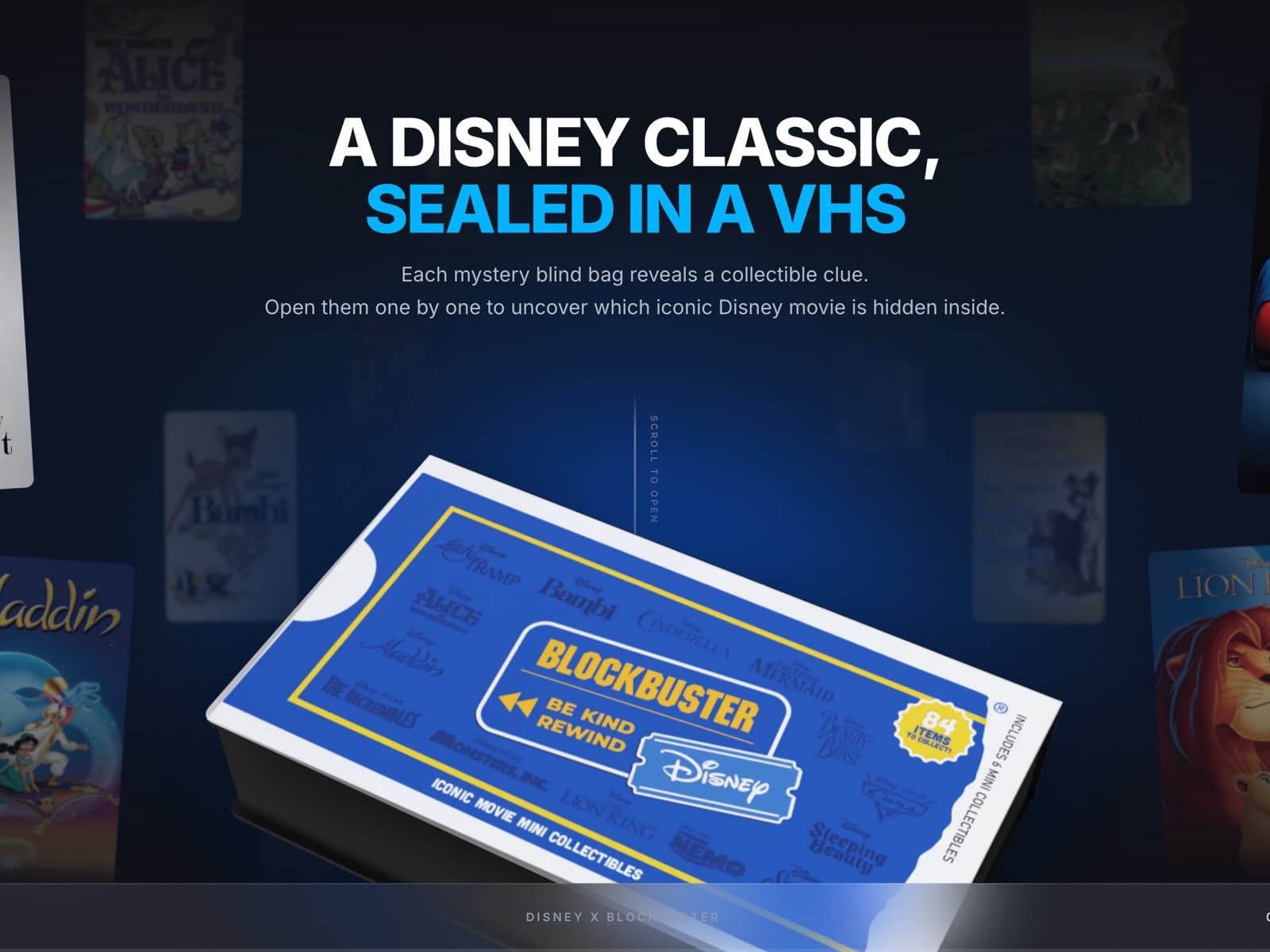 דף הבית של MINI BLOCKBUSTER: קפסולת VHS כחולה של בלוקבאסטר ודיסני מוארת בחדר חשוך, מתחת לכותרת A Disney Classic, Sealed in a VHS