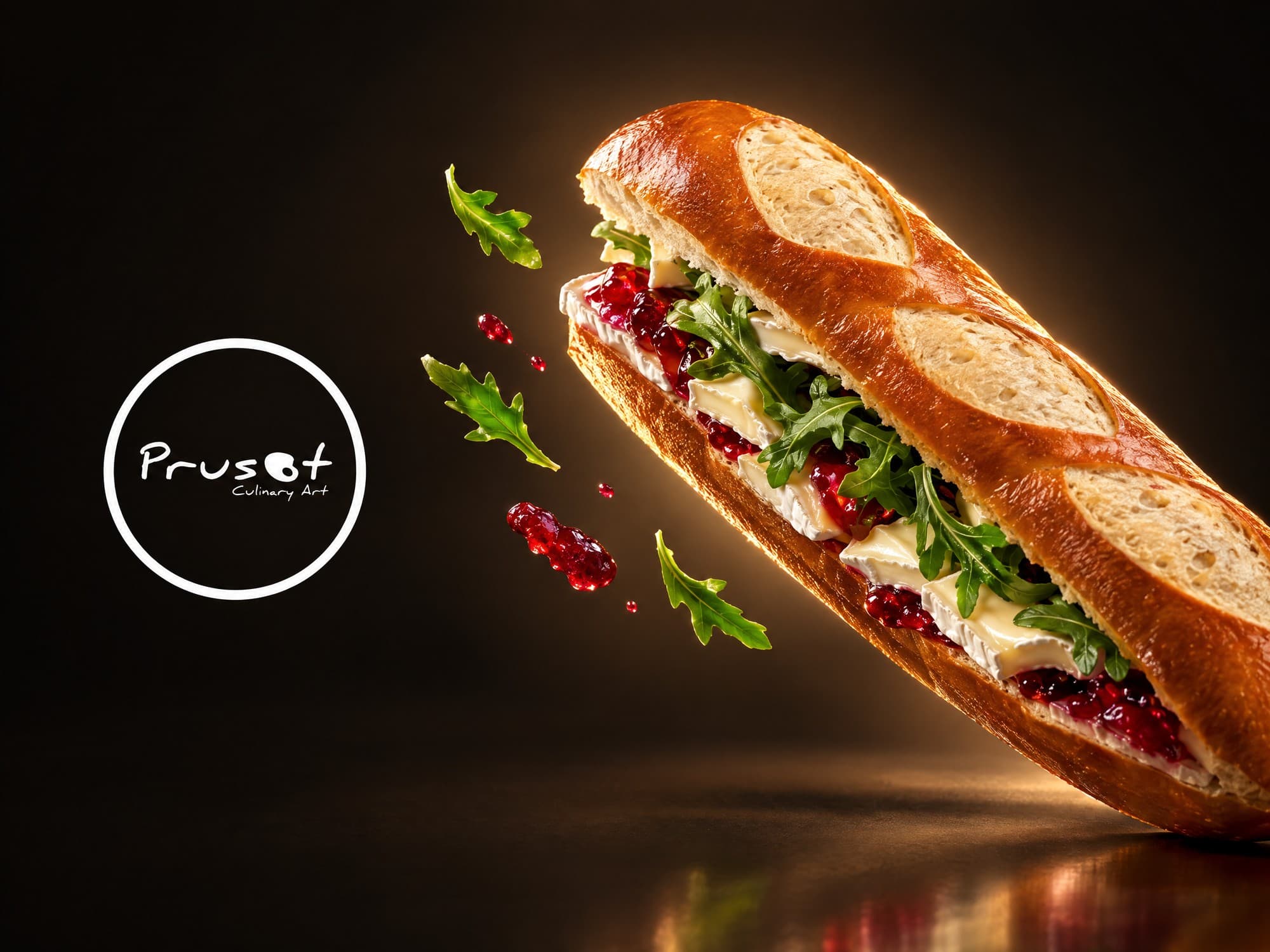 כריך באגט של פרוסות על רקע שחור, לצד לוגו Prusot Culinary Art